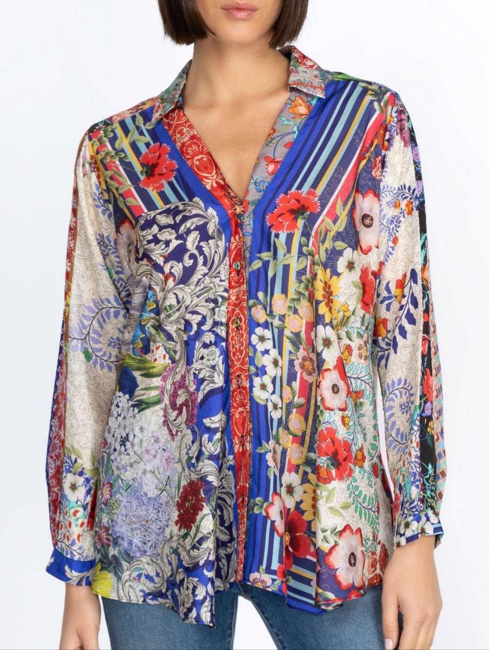 Johnny Was Silk Multi-Color Floral Button-Down Shirt Size XS, NWOT